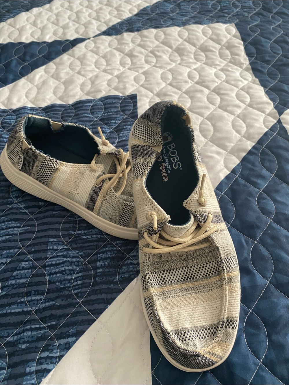 Skechers BOBS Slip-On Sneakers in Cream and Navy Stripe